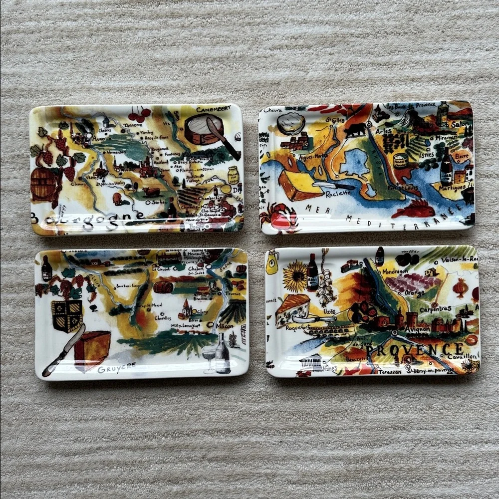 Set of 4 Williams Sonoma Marc Lacaze Wine Pairing Series Appetizer Plates Cheese